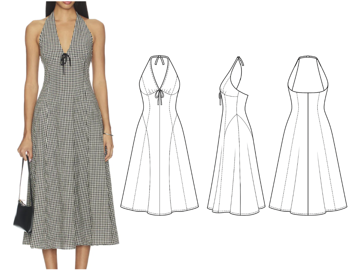 Image to Flats — garment photo redrawn as a clean three-view technical flat