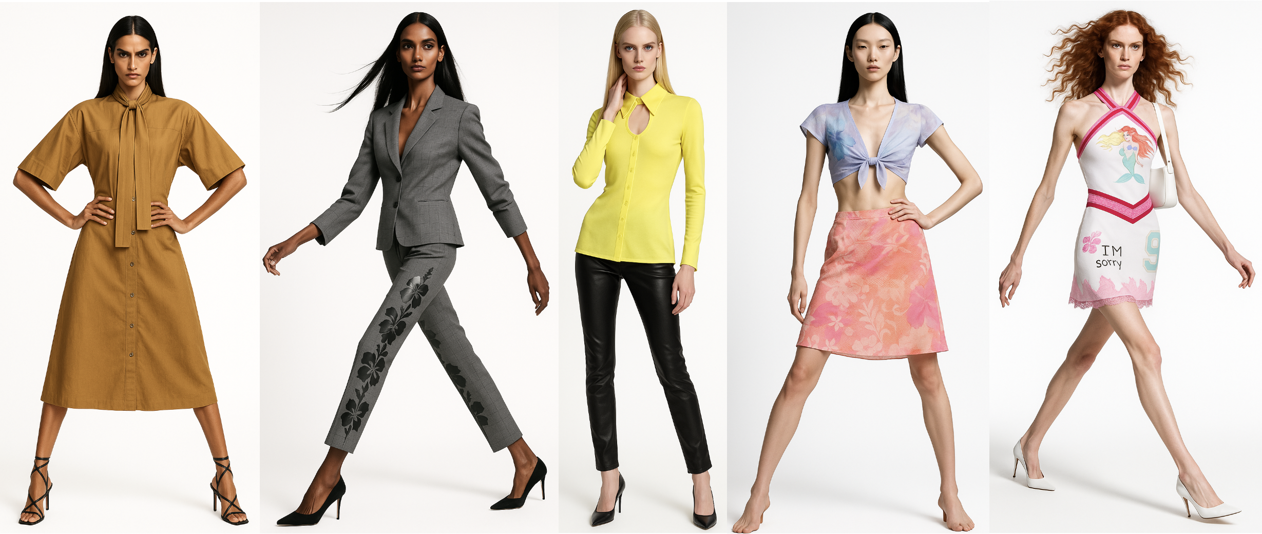 Editorial lineup of fashion designs across diverse styles and silhouettes — jubie